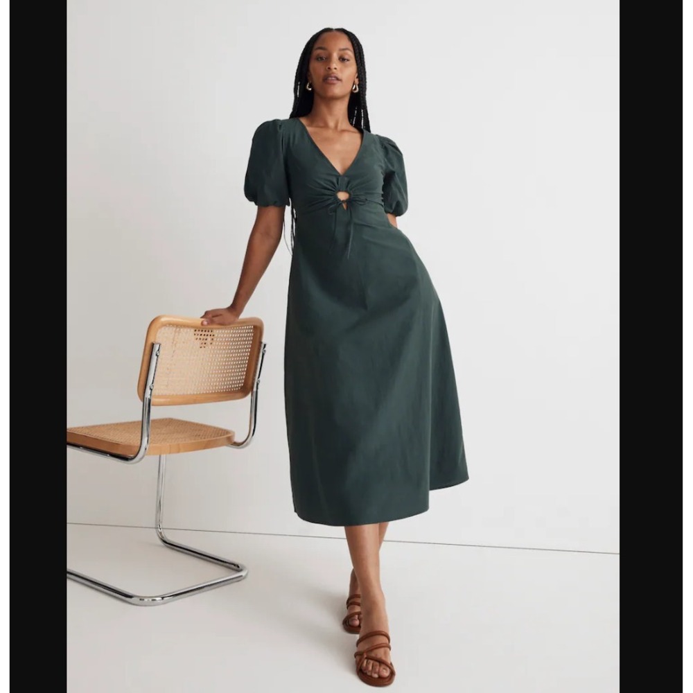 Madewell NEW NWT Womens 00 Green Terri Poplin Cutout Puff Sleeve Midi Dress